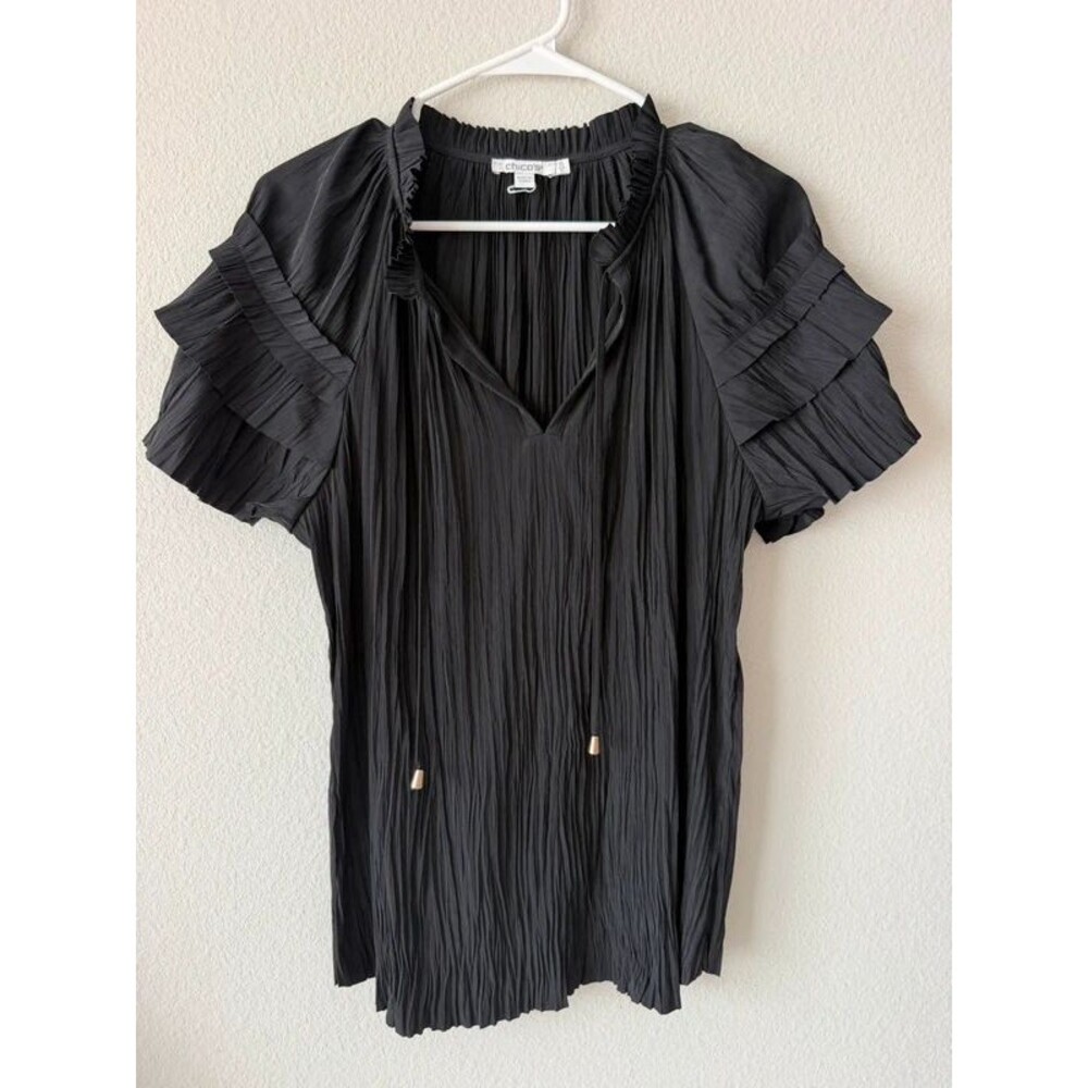 Chico’s 15 US 10 Black Pleated Blouse Ruffle Sleeve Tie Neck Crinkle Top Boho